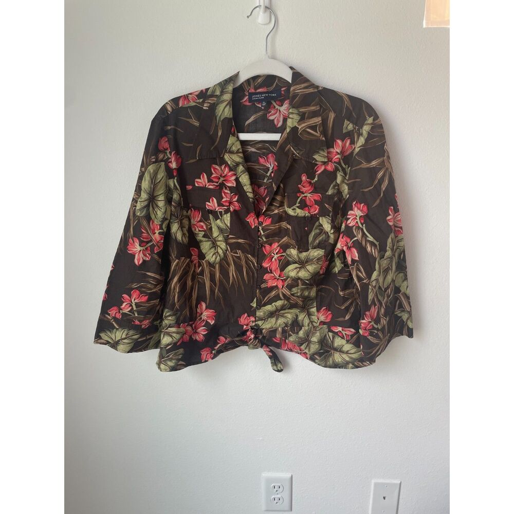 JONES NEW YORK Tropical Floral Blouse XL Brown Pink Y2K Fairycore Tie-Front Top
